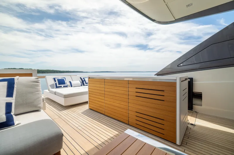 Slide: The Image of Luxurious 2024 Sanlorenzo SL90A yacht deck with modern seating and ocean view. - 34