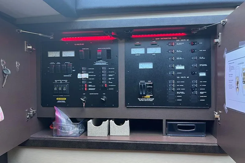 Slide: The Image of Electrical control panel inside a 2015 Sea Ray 470 Sundancer yacht, featuring various switches and meters. - 43