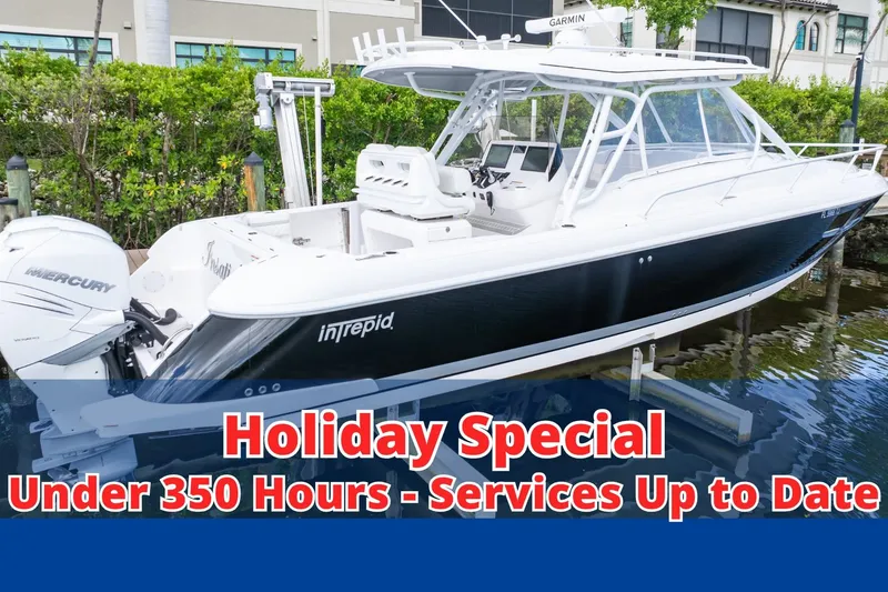 Slide: The Image of 2023 Intrepid 345 Valor boat on display, holiday special offer highlighted. - 0