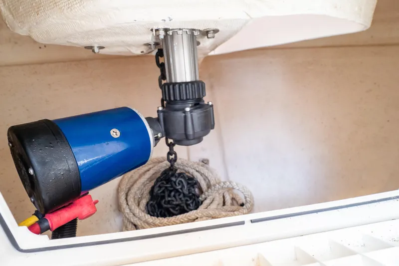 Slide: The Image of 2023 Intrepid 345 Valor anchor system with rope and chain storage. - 127