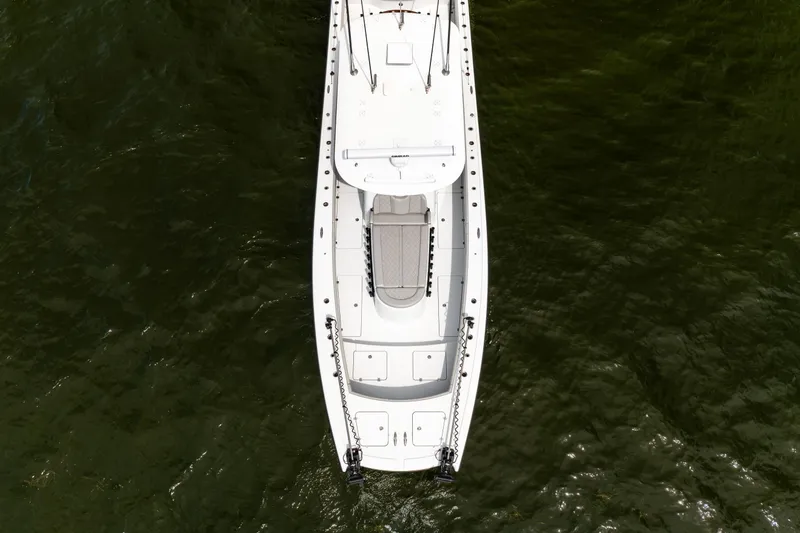 Slide: The Image of Aerial view of 2025 Freeman 42 LR boat on water. - 10