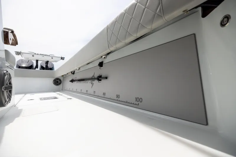 Slide: The Image of 2025 Freeman 42 LR boat interior with measurement scale and seating. - 83