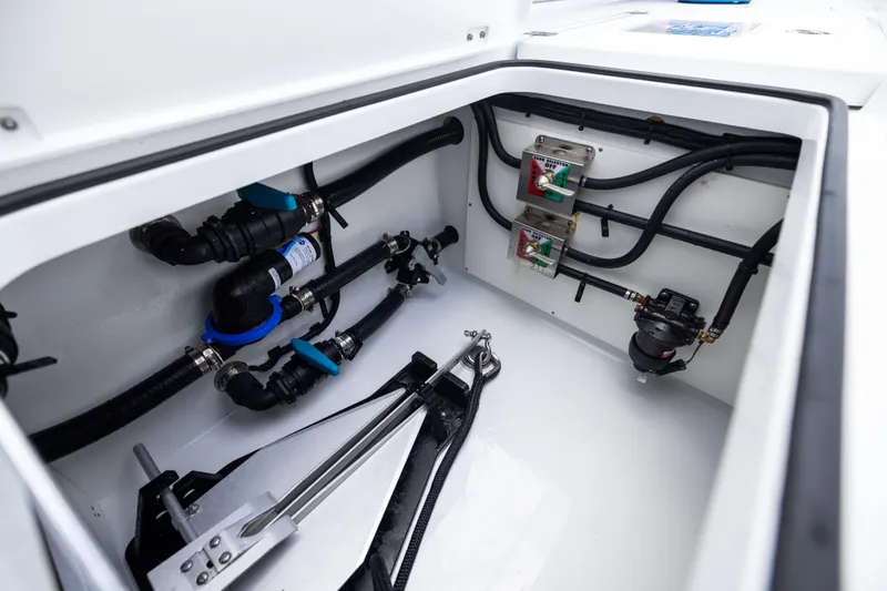 Slide: The Image of Freeman 42 LR 2025 boat compartment with plumbing and electrical components. - 88