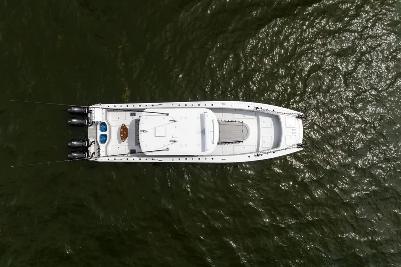 Slide: The Image of Aerial view of 2025 Freeman 42 LR boat on water. - 9