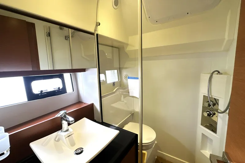 Slide: The Image of Luxurious bathroom in 2014 Prestige 450 yacht with modern fixtures and elegant design. - 55