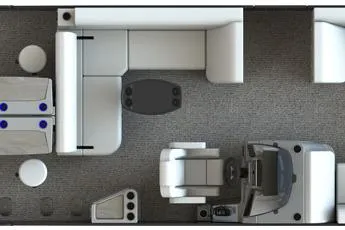 Slide: The Image of 2023 Starcraft CX 23 DL BAR boat interior layout, featuring seating and helm station. - 2