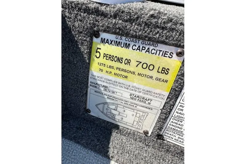 Slide: The Image of 2021 Starcraft Delta 168 Tiller capacity plate, 5 persons or 700 lbs, 70 HP motor. - 23