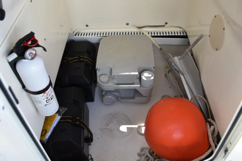 Slide: The Image of Storage compartment of a 2010 Boston Whaler 230 Dauntless with safety equipment and supplies. - 32