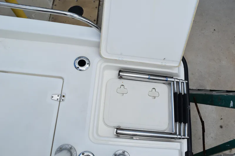 Slide: The Image of 2010 Boston Whaler 230 Dauntless boat ladder and storage compartment detail. - 39