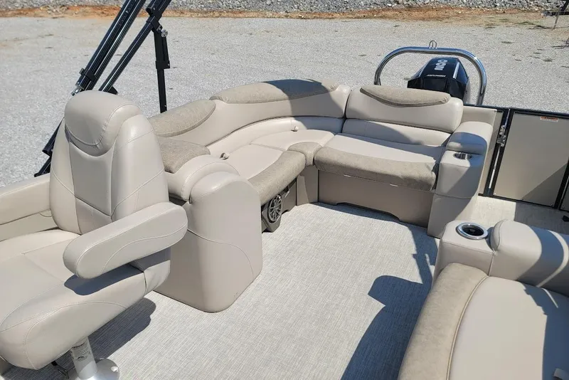 Slide: The Image of 2020 Avalon Catalina Elite 23' boat interior with plush seating and modern design. - 10