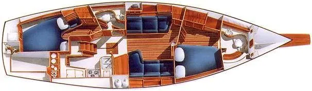 Slide: The Image of Floor plan of a 2000 Island Packet 40 sailboat, featuring cabins and living areas. - 41