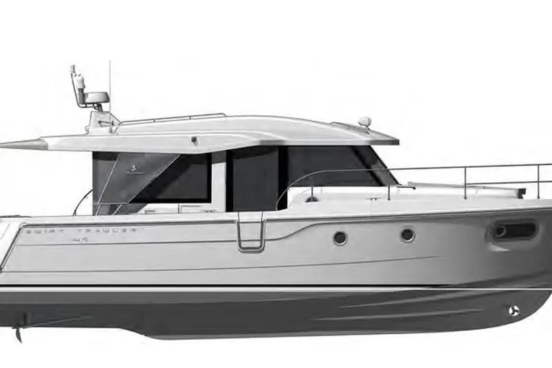 Slide: The Image of 2024 Beneteau Swift Trawler 41 Sedan, side view, sleek design, modern trawler yacht. - 4