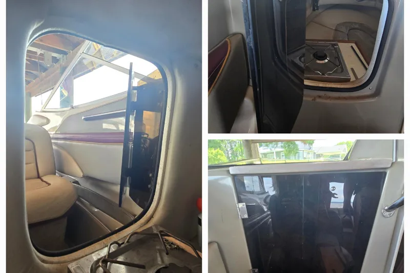 Slide: The Image of Interior views of a 1995 Maxum 2300 SC boat, showcasing seating and cabin features. - 18