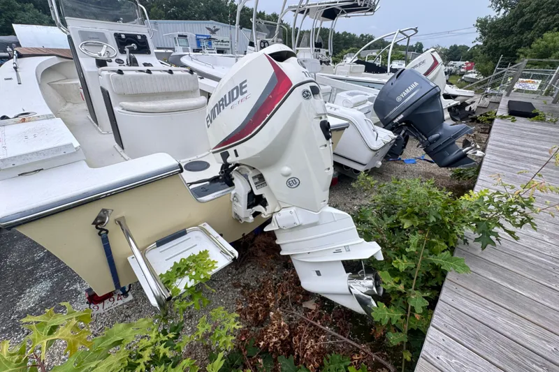 Slide: The Image of 2017 May-Craft 20 Cape Classic boat with Evinrude outboard motor, docked near foliage. - 7