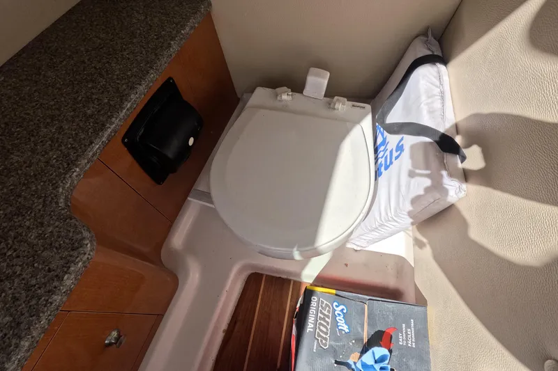 Slide: The Image of 2012 Robalo R247 Dual Console boat interior with toilet and storage area. - 19