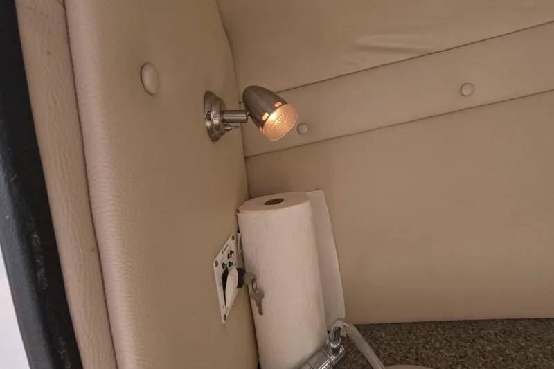 Slide: The Image of Interior of 2012 Robalo R247 Dual Console with light fixture and paper towel holder. - 81