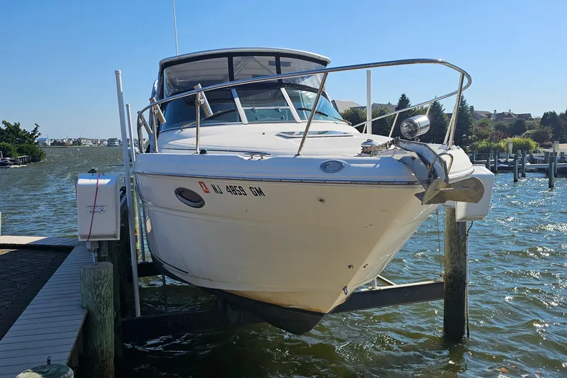 Slide: The Image of 2000 Sea Ray 290 Amberjack boat docked on a sunny day. - 4