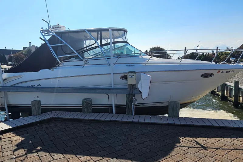 Slide: The Image of 2000 Sea Ray 290 Amberjack docked at a marina under clear blue skies. - 6