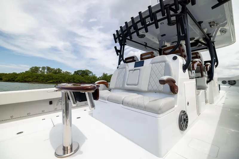Slide: The Image of Luxurious 2025 Freeman 42 LR boat interior with plush seating and sleek design. - 27