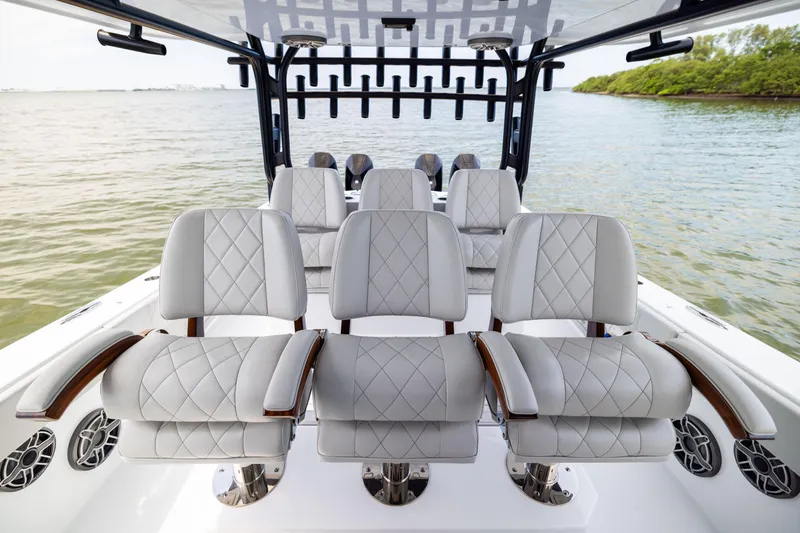 Slide: The Image of Luxurious seating on the 2025 Freeman 42 LR boat, featuring elegant design and waterfront view. - 44