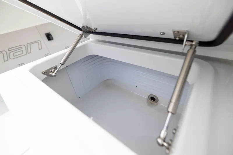 Slide: The Image of Open storage compartment on 2025 Freeman 42 LR boat, showcasing hydraulic hinges. - 63