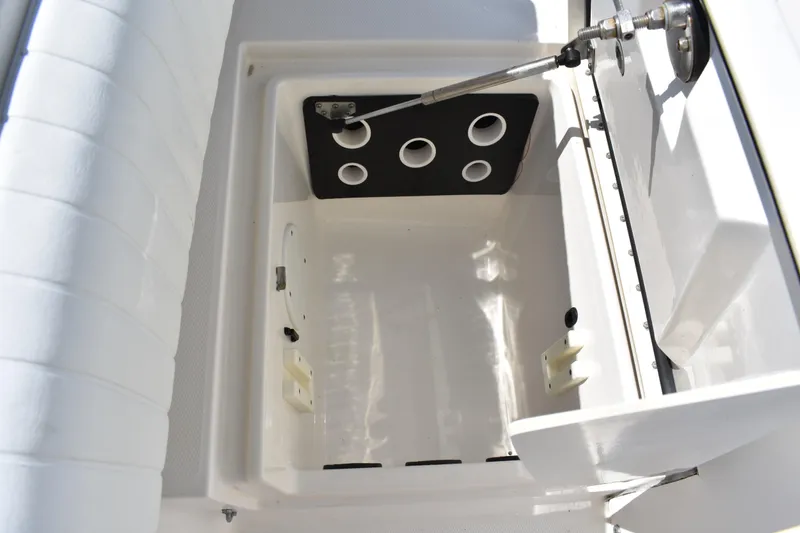 Slide: The Image of 2008 Regulator 32 Forward Seating storage compartment with hydraulic lift and circular cutouts. - 16