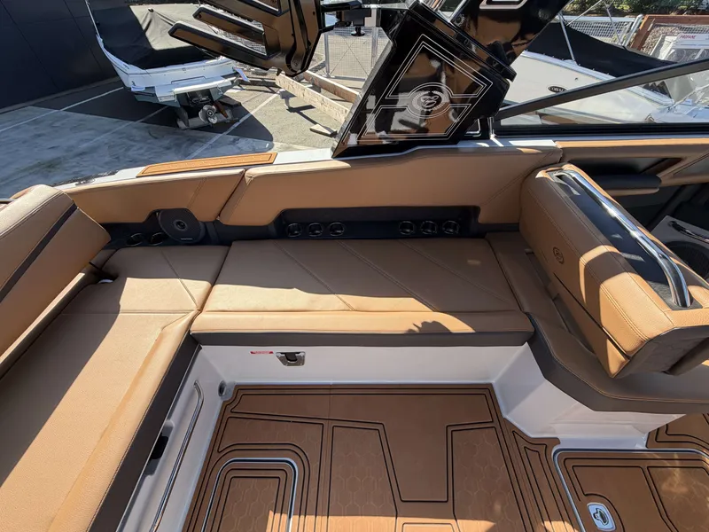 Slide: The Image of Interior of 2026 Cobalt R8 Surf with luxurious leather seating. - 8