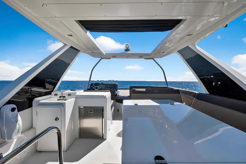 Slide: The Image of 2021 Galeon 500 Fly yacht interior with sleek design, open sea view, and modern amenities. - 36