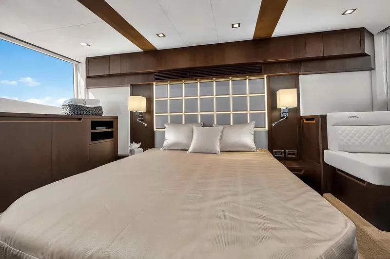 Slide: The Image of Luxurious interior of 2021 Galeon 500 Fly yacht with elegant bedroom design. - 80