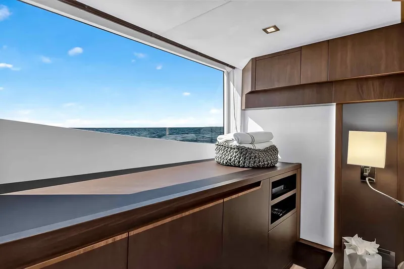 Slide: The Image of Interior of 2021 Galeon 500 Fly yacht with ocean view and modern furnishings. - 83