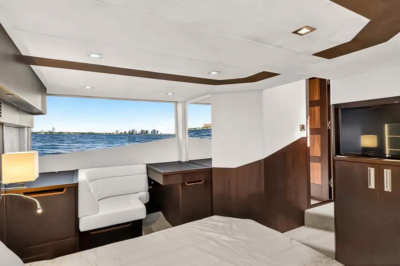 Slide: The Image of Luxurious interior of 2021 Galeon 500 Fly yacht with ocean view and modern furnishings. - 85