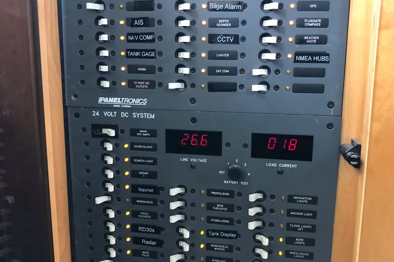 Slide: The Image of 2003 Cape Horn Trawler electrical panel with switches and digital displays for voltage and current. - 20