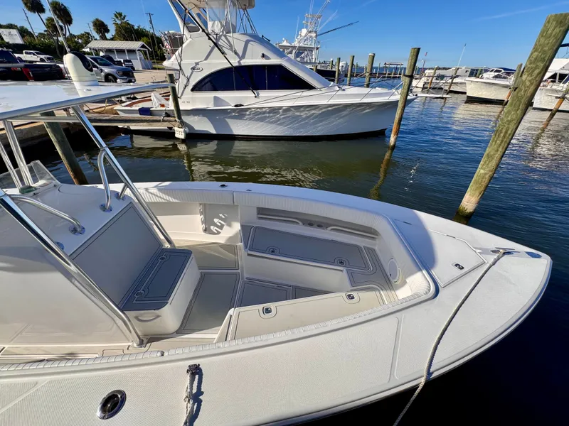 Slide: The Image of Jupiter 30 boat docked at marina, 2008 model, clear sunny day. - 20