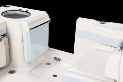 Slide: The Image of 2026 Robalo R257 Dual Console boat interior with seating and storage features. - 17
