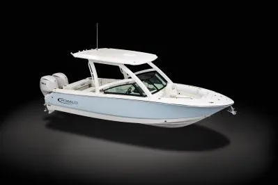 Slide: The Image of 2026 Robalo R257 Dual Console boat with twin engines, sleek design, and modern features. - 18