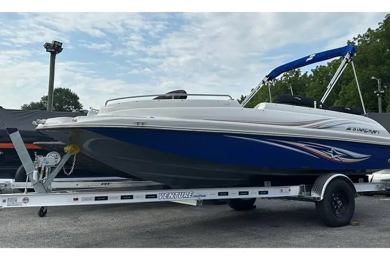 Slide: The Image of 2021 Starcraft 1915 OB Limited boat on trailer, blue and white design, parked outdoors. - 1