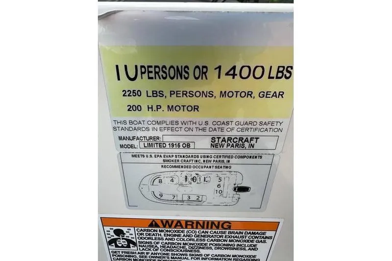 Slide: The Image of Capacity label for 2021 Starcraft 1915 OB Limited boat, 11 persons or 1400 lbs, 200 HP motor. - 17