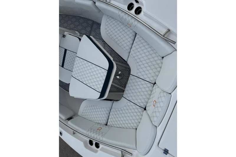 Slide: The Image of Luxurious seating on 2025 Sea Fox 288 Commander boat, featuring elegant diamond-pattern upholstery. - 111