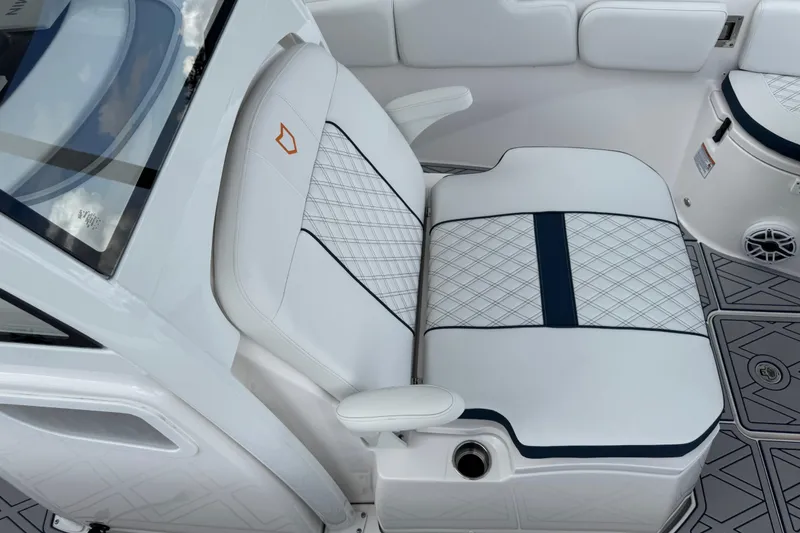 Slide: The Image of Luxurious seating on 2025 Sea Fox 288 Commander boat, featuring elegant white and blue upholstery. - 131