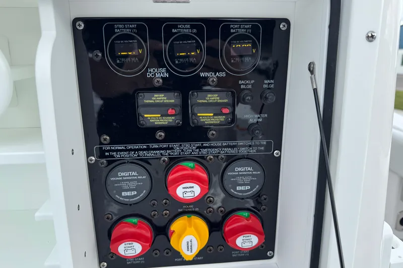 Slide: The Image of Control panel of 2025 Sea Fox 288 Commander boat with battery switches and indicators. - 33