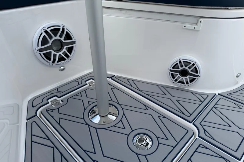 Slide: The Image of 2025 Sea Fox 288 Commander boat deck with speakers and stylish flooring design. - 57