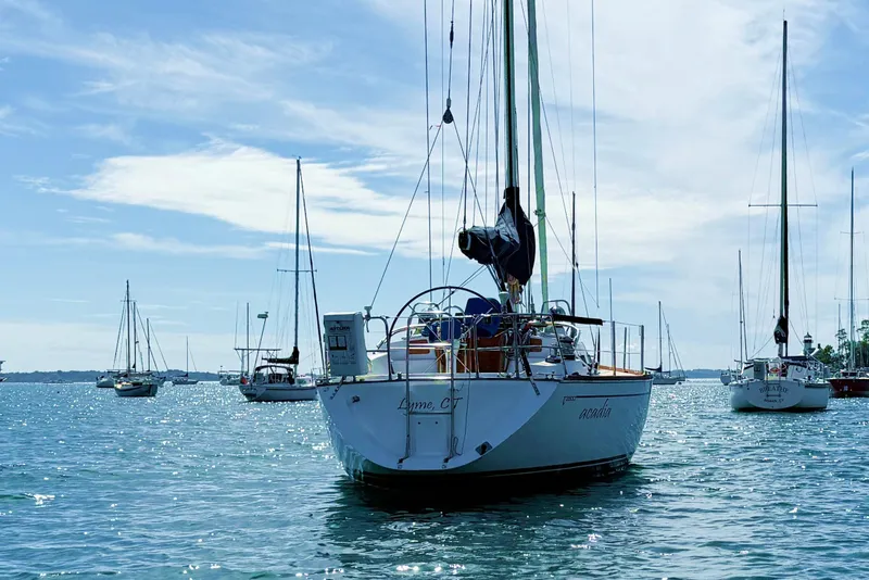 Slide: The Image of Sailboats anchored on a sunny day, featuring a 1997 Tartan 3800 model. - 10