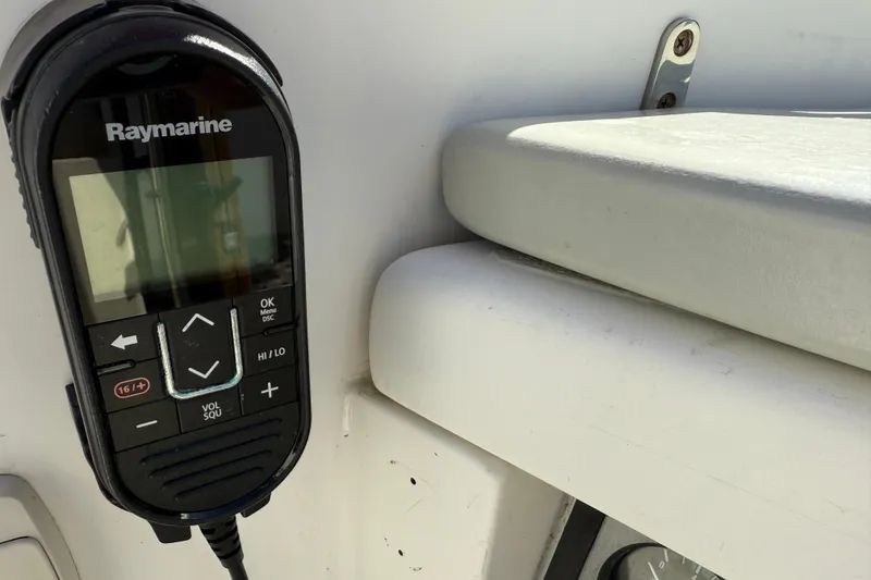 Slide: The Image of Raymarine marine radio on 1997 Tartan 3800 yacht, mounted on white panel. - 19