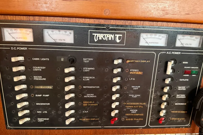 Slide: The Image of 1997 Tartan 3800 control panel with switches and gauges for DC and AC power management. - 79
