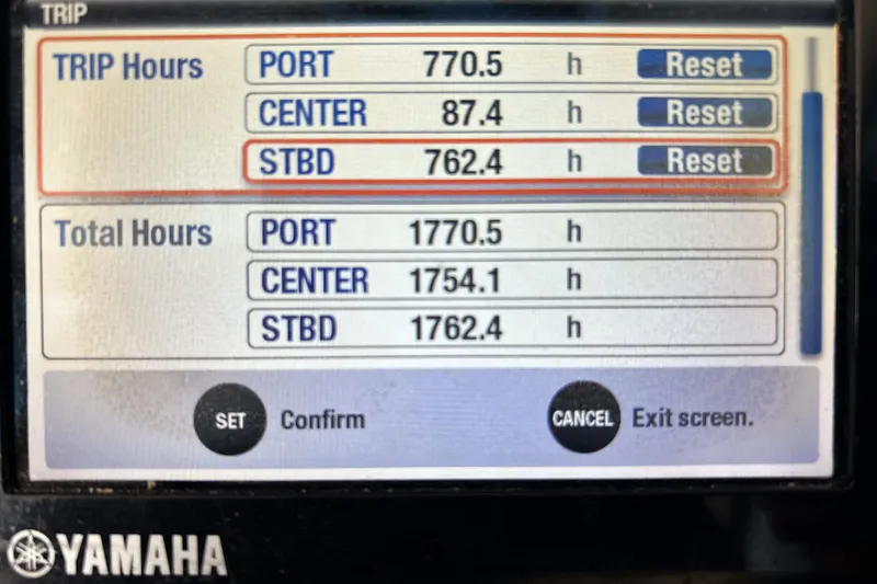 Slide: The Image of Yamaha engine hours display on 2013 Pursuit OS 385 Offshore boat. - 17