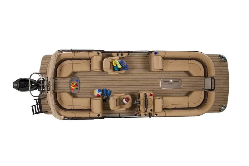 Slide: The Image of Manufacturer Provided Image: 2021 Lowe SS270 Extended Walk-Thru pontoon boat, top view, beige seating, spacious layout. - 32