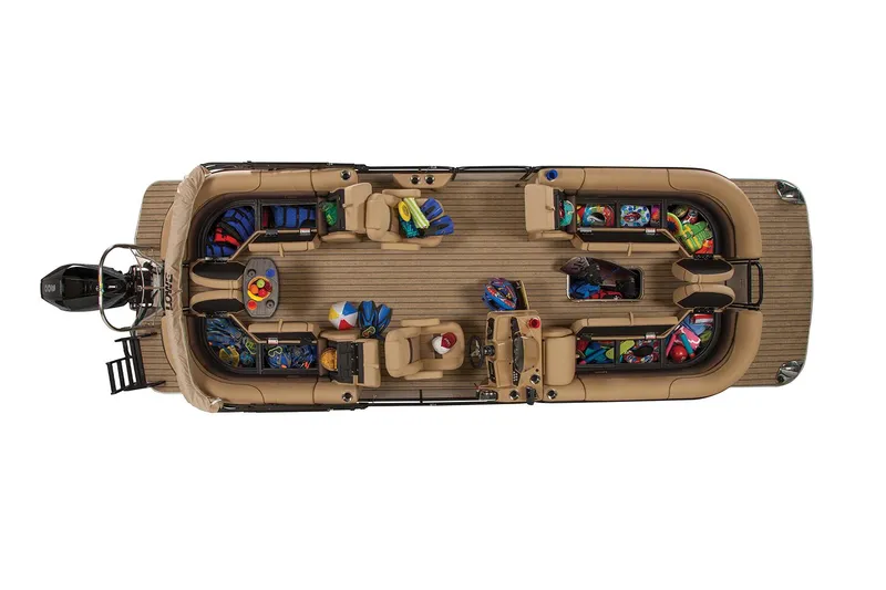 Slide: The Image of Manufacturer Provided Image: 2021 Lowe SS270 Extended Walk-Thru pontoon boat, top view, spacious seating, and storage. - 33