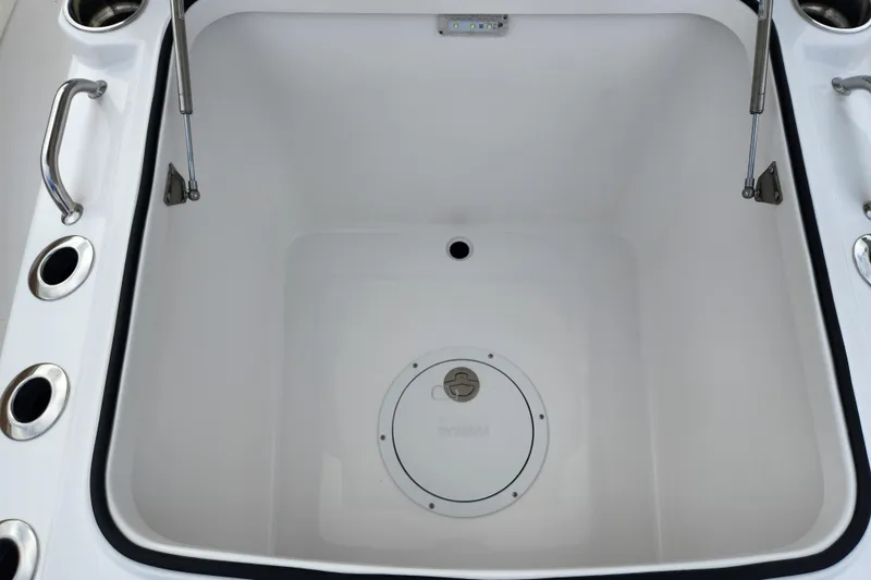 Slide: The Image of 2026 Caymas 291 boat storage compartment with stainless steel fittings and hydraulic supports. - 11