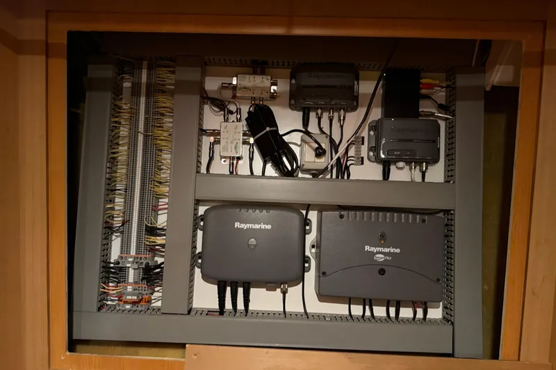 Slide: The Image of Electrical panel with Raymarine equipment on a 2008 Sunseeker Manhattan 50 yacht. - 79