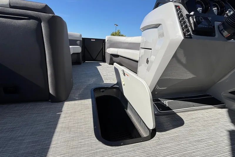 Slide: The Image of Interior of 2026 Viaggio X24U boat with open storage compartment and seating. - 25